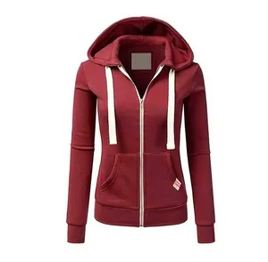 Classic women's burgundy slim-fit zip-up hoodie featuring white drawstrings and pockets