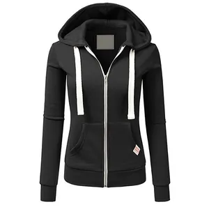 Detailed front view of a women's slim fit black zip-up hoodie with white drawstrings