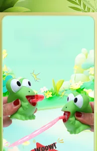 Detail view of green frog squeeze toy sticking out tongue when squeezed for kids.