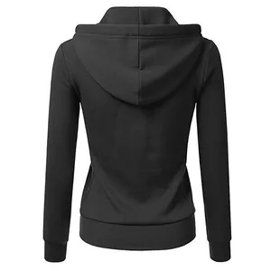 Back view of women's black casual zip-up hoodie showing hood and ribbed cuffs detail