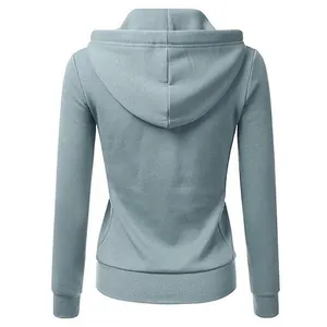 Detailed back view of a women's casual sage green zip-up hooded sweatshirt sport hoodie