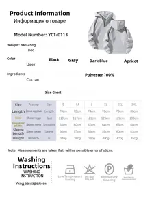 Size chart and washing guide for heavyweight half-zipper hooded sweatshirt detail