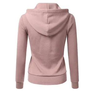 Back view of women's dusty pink zip-up hooded sweatshirt for casual sports wear