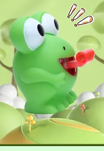 Close-up of green frog squeeze toy with red party blower whistle detail for kids