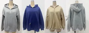Detailed view of heavyweight solid color half-zip hoodies available in grey blue and khaki