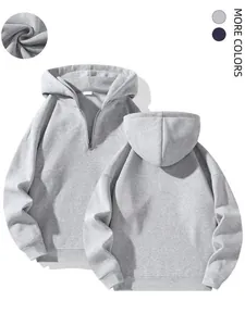 Detailed views of grey heavyweight half-zip hooded sweatshirt with fabric zoom