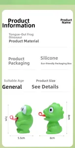 Product specification detail for frog and dinosaur tongue-sticking squeeze toys