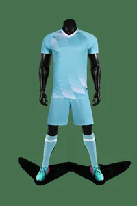 Detail shot of light blue soccer uniform jersey and shorts for sports training matches