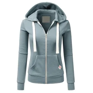 Women's slim fit zip-up hooded sweatshirt in dusty blue with white drawstring details