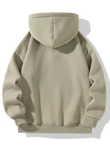 Back view of a plain khaki heavy-weight oversized hooded sweatshirt with ribbed cuffs