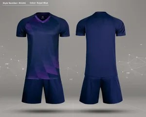 Royal blue soccer jersey set with purple geometric pattern front and back views
