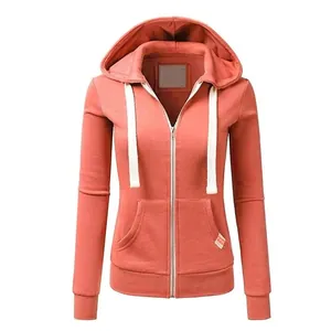 Women's coral zip-up hooded sweatshirt with white drawstrings and kangaroo pockets