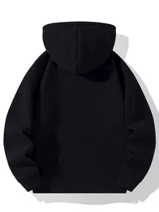 Detail back view of a heavyweight solid black hooded pullover sweatshirt for women