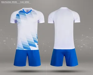 Detailed front and back views of white and blue soccer jersey set style M3206 for training