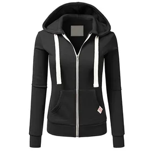 Classic black women's casual sporty zip-up hoodie with hood and white drawstrings