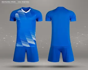 Bright blue soccer jersey set with front and back view and geometric pattern detail