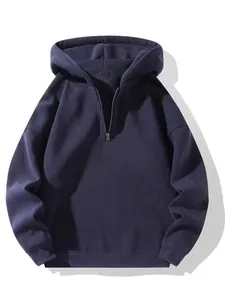 Heavyweight navy blue half-zip hooded sweatshirt in a relaxed American style fit