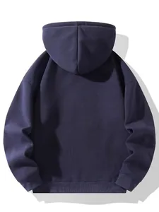 Back view of a plain navy blue heavyweight oversized hoodie with hood and ribbed cuffs