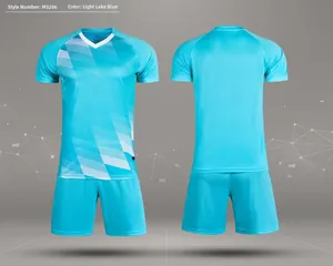Front and back view of light lake blue soccer uniform set for training and matches