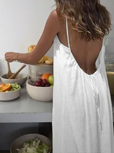 Detailed back view of white ice silk wrinkle backless maxi dress for summer beach vacation