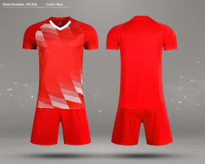 Red soccer uniform set M3206 for training and matches featuring front and back jersey views.