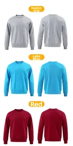 Detail view showcasing front and back of crewneck sweatshirts in grey, blue, and red colors
