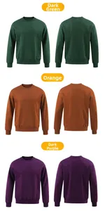 Detail of 380g heavy fleece crewneck sweatshirts in dark green, orange, and purple.