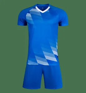 Blue soccer jersey set with gradient geometric pattern and white V-neck detail