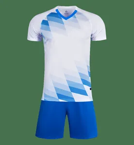 Detailed view of blue and white soccer jersey set with geometric pattern for training.
