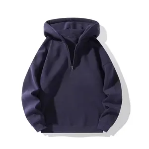 Classic navy blue heavyweight cotton half-zip hooded sweatshirt in American style