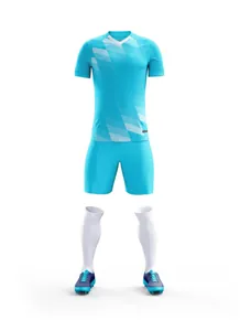 Full cyan soccer uniform set including gradient jersey, shorts, socks and cleats for match.