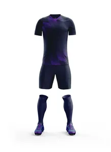 Complete dark blue soccer uniform set featuring jersey, shorts, socks and purple cleats