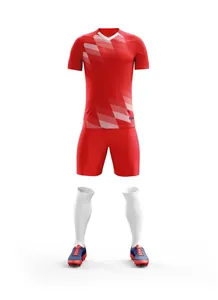 Full soccer kit including red jersey with white gradient, shorts, socks and cleats