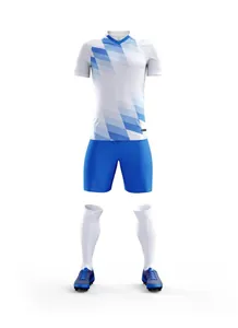 Full professional soccer uniform set with white jersey, blue shorts, socks, and cleats.