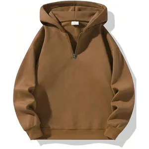 Felpa pesante con cappuccio marrone caffè e mezza zip da donna, stile casual a tinta unita