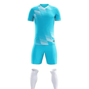 Cyan soccer jersey set with shorts and socks featuring white geometric stripes.