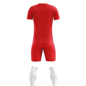 Back view of professional red soccer uniform set including jersey shorts and white socks
