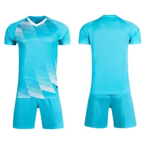 Professional cyan blue soccer kit set including jersey and shorts for training.