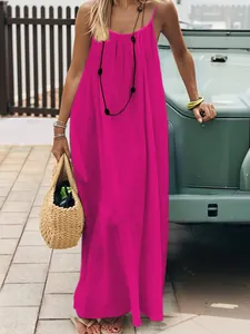 Vibrant pink ice silk crinkle maxi dress with elegant pleats for beach vacations.