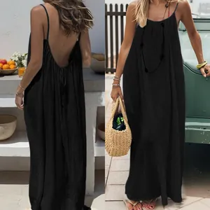 Women's black pleated backless spaghetti strap maxi beach dress with front and back views