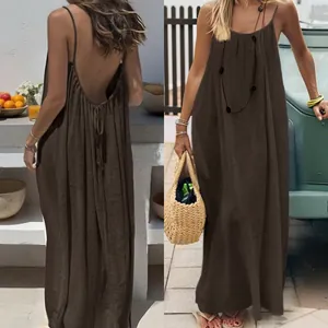 Summer brown ice silk crepe backless pleated camisole maxi dress for beach vacation.