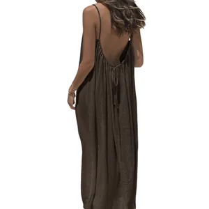 Backless brown ruched maxi dress shown from the back for summer beach vacations.