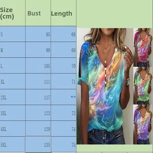 Size chart and details of women's summer tie-dye V-neck short sleeve T-shirt top