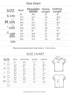 Zweisprachige Größentabelle für lockeres Damen-T-Shirt mit Maßen und Details