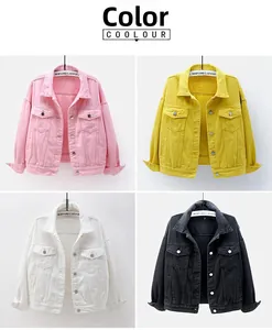 Chaqueta vaquera de mujer estilo BF holgado en colores rosa, amarillo, blanco y negro.