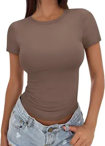 T-shirt da donna marrone attillata con girocollo a maniche corte per estate