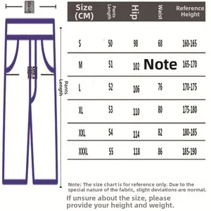Size guide for men's athletic shorts showing length, waist, and hip measurements.