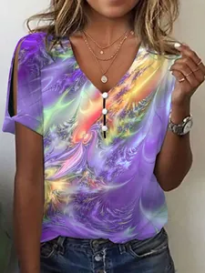 Women's V-neck purple tie-dye T-shirt with cold-shoulder cutout detail