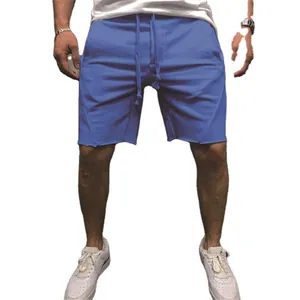 Men's solid blue sports shorts with casual raw hem design for running and fitness