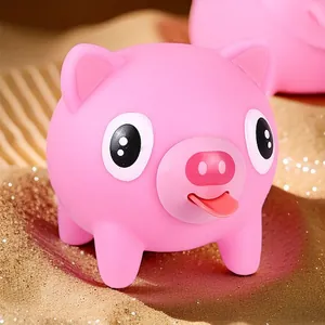 Adorable pink pig stress relief squishy toy featuring a funny tongue-out design for fun.